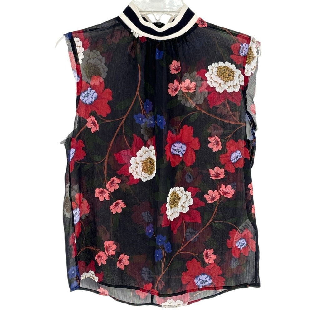 French Connection Floral Sheer Blouse Size 6 Raw Cut Sleeves Grunge Romantic